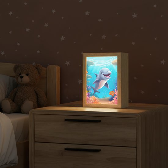 Nachtlampje 15x20 cm - Kinder lampje - Dolfijn - Zeedieren - Onderwater - Kinderen - Meisjes - Tafellamp kinderkamer - Slaapkamer lamp - Bedlamp kinderen - Kinderlampje stopcontact - Wandlamp babykamer - Nachtlampjes van OnlyWow — afbeelding 2