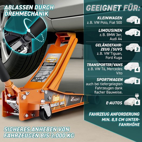 Hydraulische Auto Krik PLN-01 3T - hoogteaanpassing 75mm-505mm - Garagekrik met Dubbele Zuiger - Stix