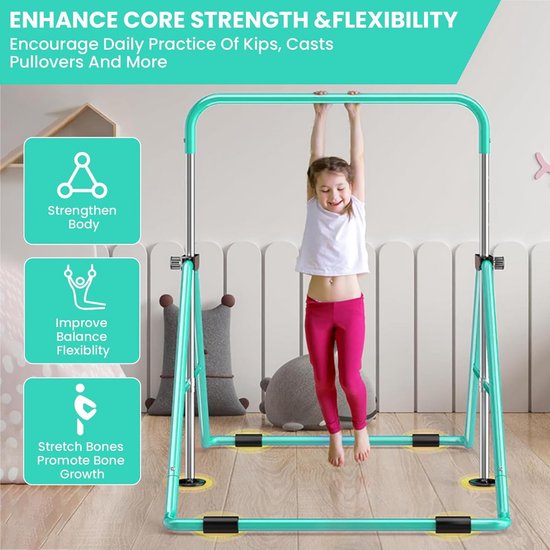 FBSPORT Gymnastiekstang Voor Kinderen - Verstelbare Hoogte Turnrek Opvouwbaar Voor Binnen En Buiten, Junior Thuistraining