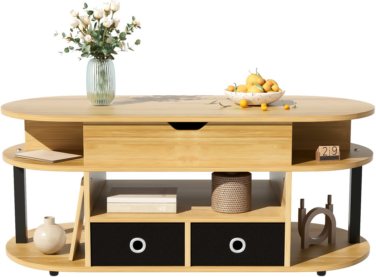 Clruro Moderne Salontafel met Houtlook - Verstelbare Hoogte - Opbergruimte en Zwarte Stofladen - Multifunctioneel - Hout - Bruin