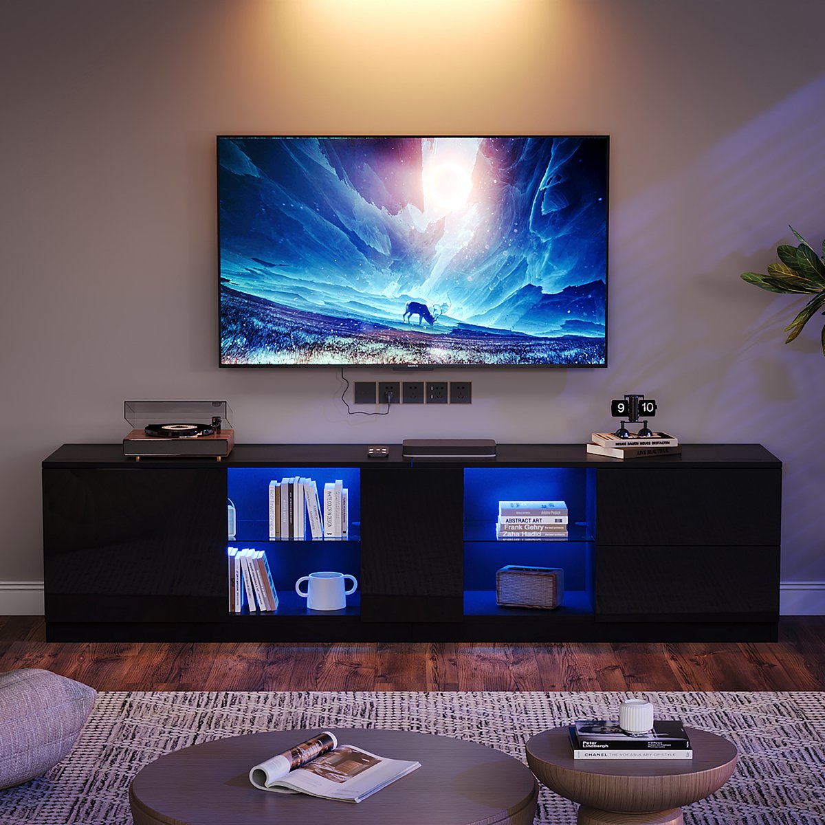 Sweiko TV-kast - Hoogglans - 2 laden - LED-verlichting - 160 x 40 x 52 cm - Zwart