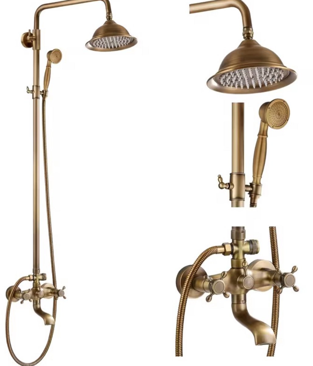 Ymonde Driedelige Retro Doucheset – Geborsteld Goud – Ronde Regendouche + Handdouche – Vintage Luxe Badkamer Douche – Klassiek Design
