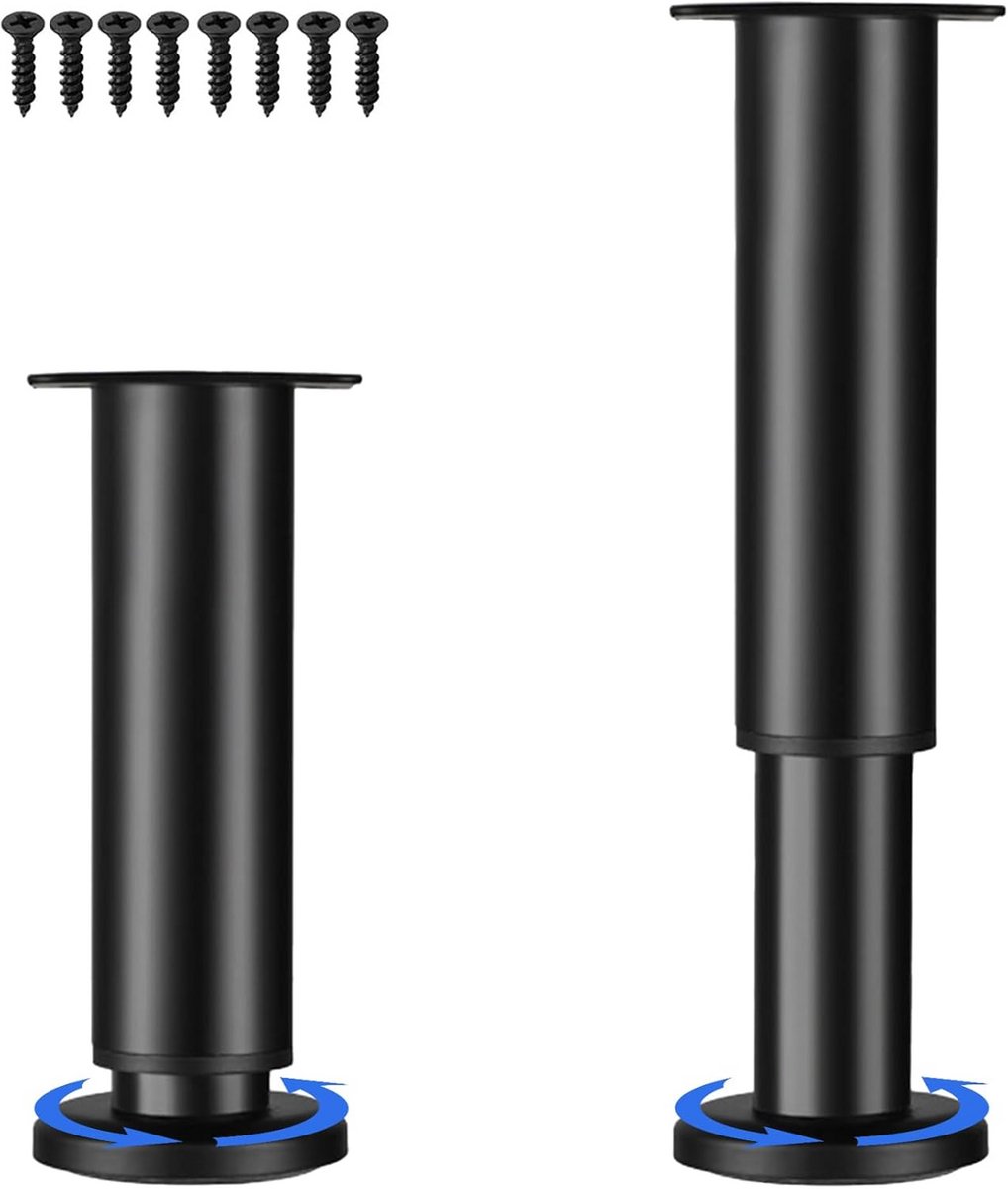 Verstelbare Metalen Meubelpoten Set van 4 – Hoogte 25-42 cm – Stalen Poten voor Bed, Tafel, Bank – Zwart