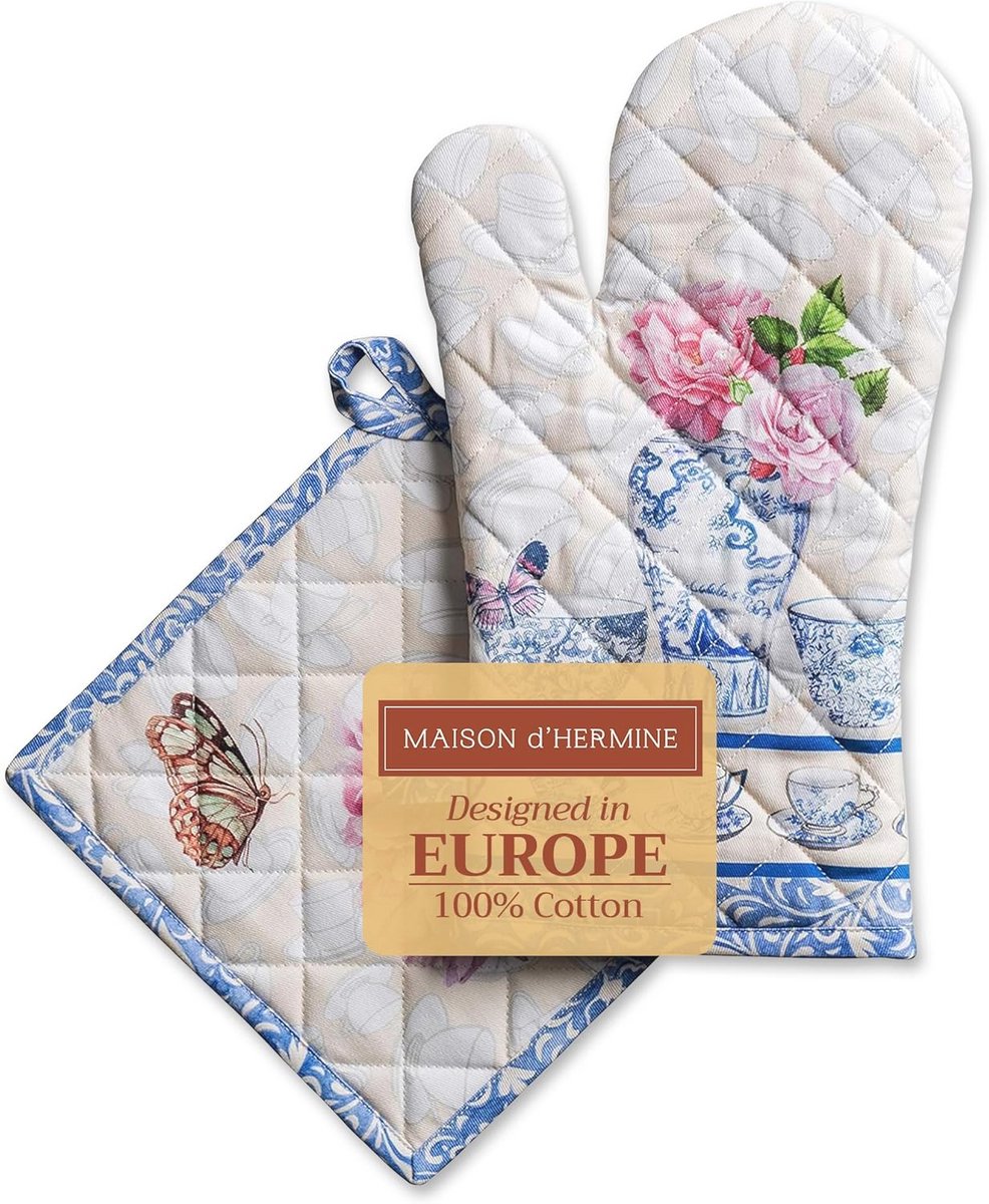 Ovenwanten en Pothouder - Keukenhandschoenen Set - Koken en Bakken - 100% Gekatoend Katoen - 19x33cm - Canton Collectie