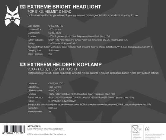 Lynx Koplamp - High Power - 1000Lm - Met oplaadkabel — afbeelding 2
