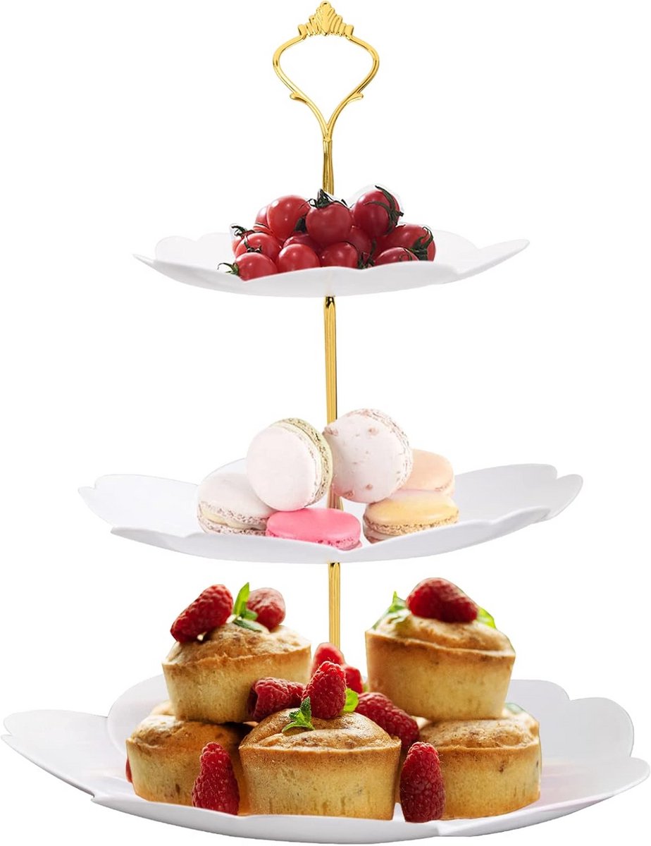 Ronde Taartstandaard met 3 Etages - Witte Serveertoren voor Cupcakes, Fruit en Gebak
