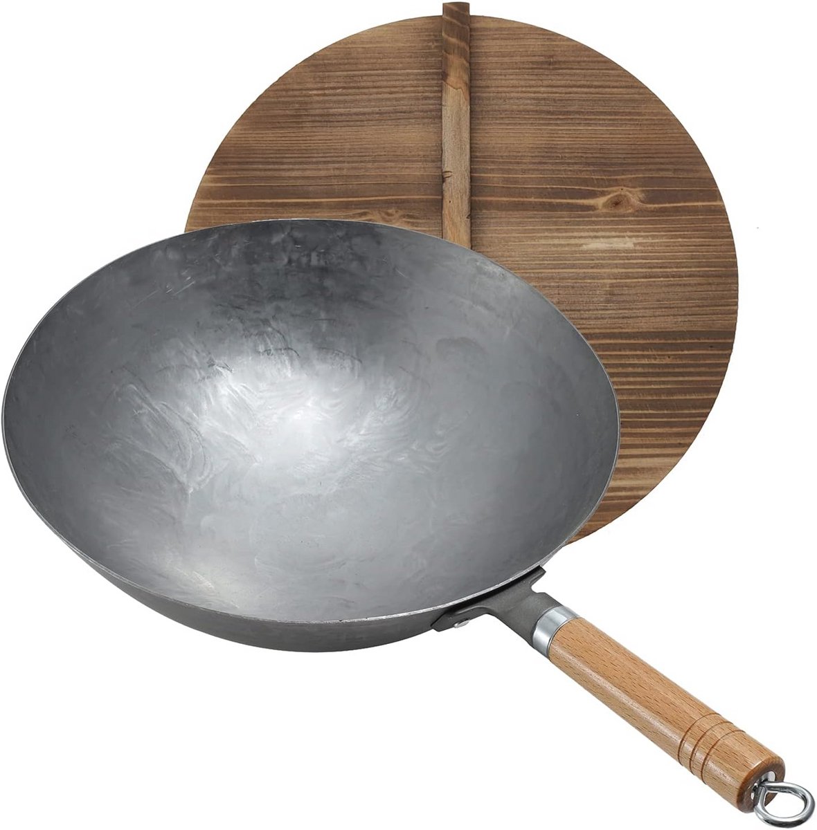 Traditionele Koolstofstalen Wok met Afneembare Handgreep en Deksel - 36cm
