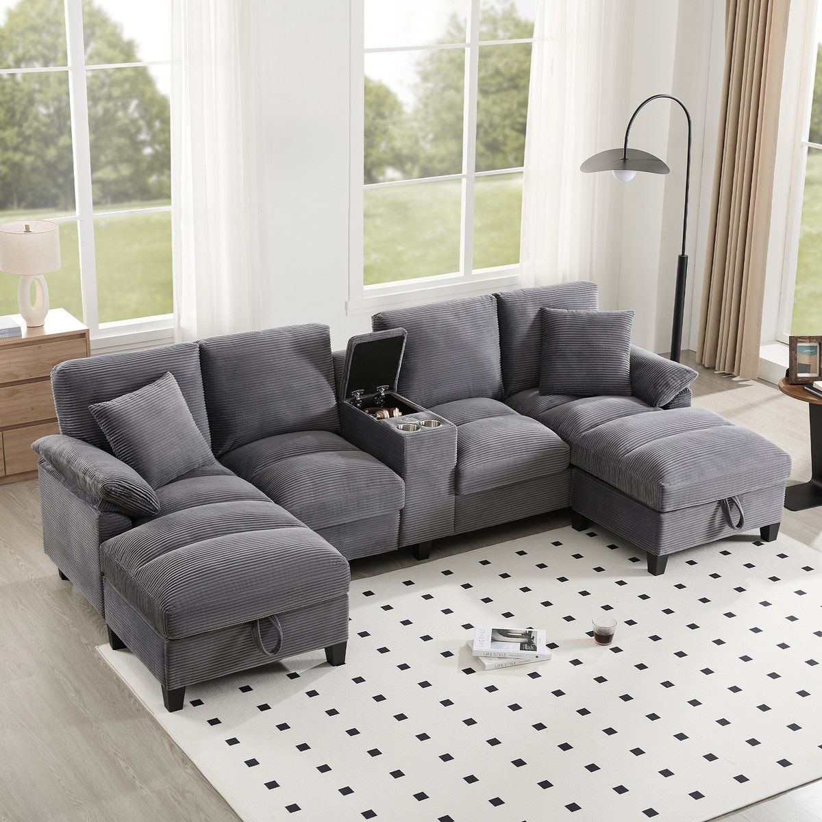 Gutent-Bank Ruime U-vormige bank voor 4 personen met opbergruimte, extra grote corduroy bekleding en kussens, roestvrijstalen bekerhouders en twee USB-poorten, geschikt voor woonkamers, slaapkamers en appartementen.