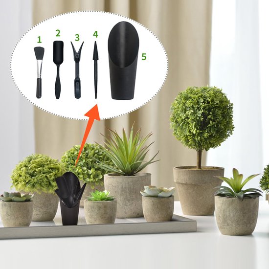 5-delige Succulent Planting Tool Set - Gardening Tool Kit - Mini Gardening Tools - Plant Care - Includes shovel, cleaning brush, seedling lifter, hole punch, and soil bucket - Suitable for indoor planting, digging, and cultivation - Black van Ontariio — afbeelding 5