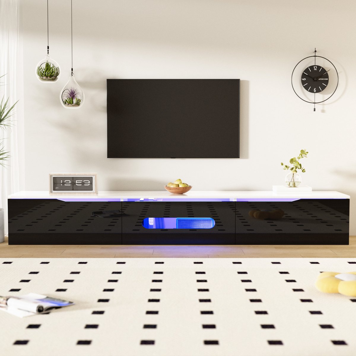 MODFU TV-meubel 180x35x30 cm van MDF en spaanplaat, zwart-wit hoogglans/mat, met 16-kleurige LED en app-bediening