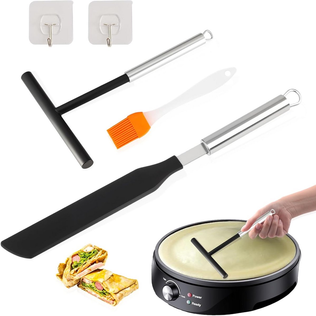 Pannenkoekenrooster Set - Roestvrij Staal Spatel en Schraper met Oliekwast, 19,5 cm