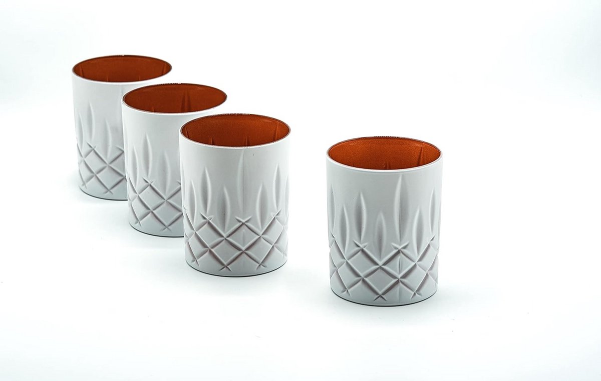 Set van 4 witte whiskeyglazen 300 ml met koperen rand + 4 glazen rietjes - vaatwasmachinebestendig