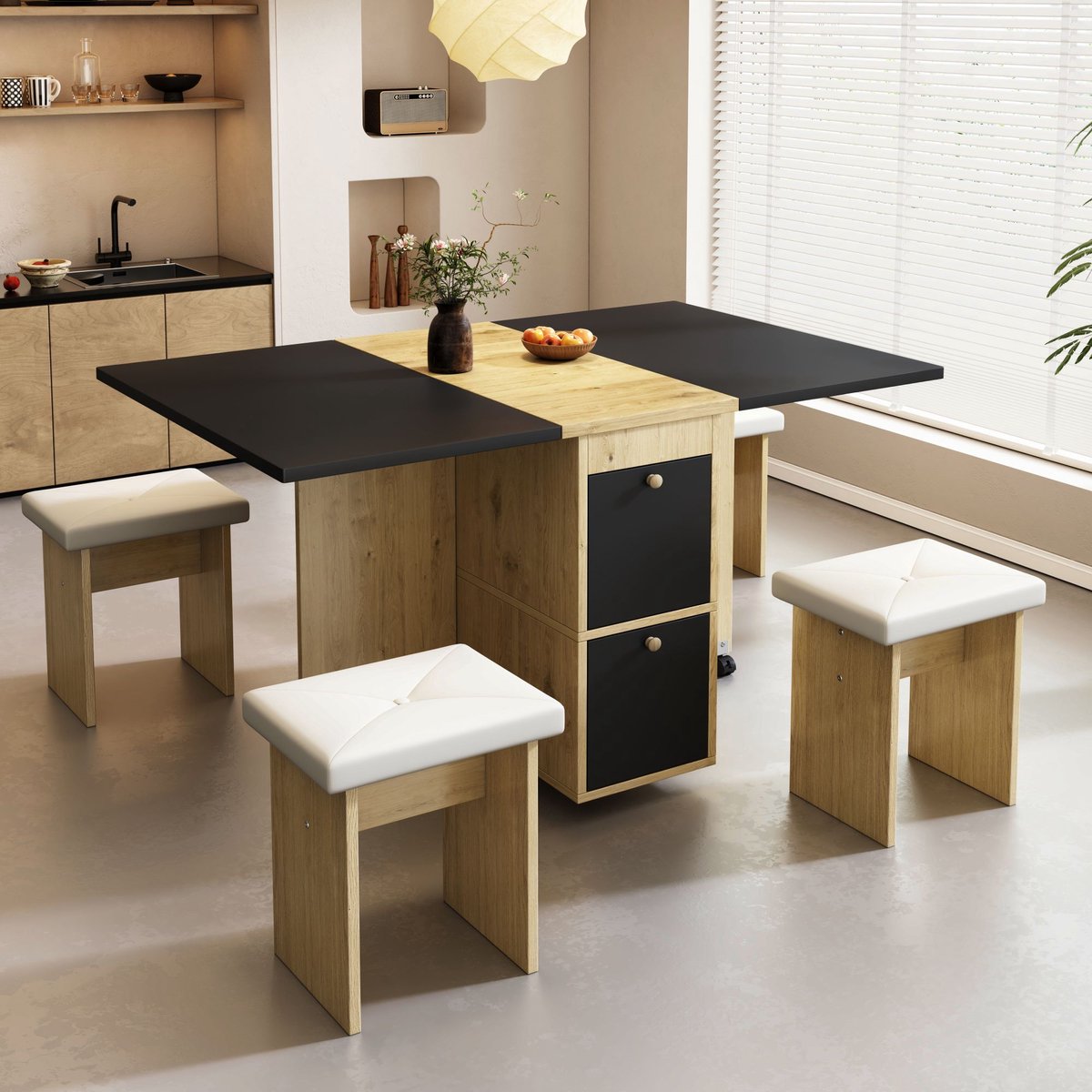 HAUSS SPOLE Eettafelset - Uitschuifbare En Inklapbare Eettafel Met 4 Stoelen - Multifunctioneel Voor Eten En Thuiswerken - Spaanplaat - 120x80x75 cm - Wit/Zwart