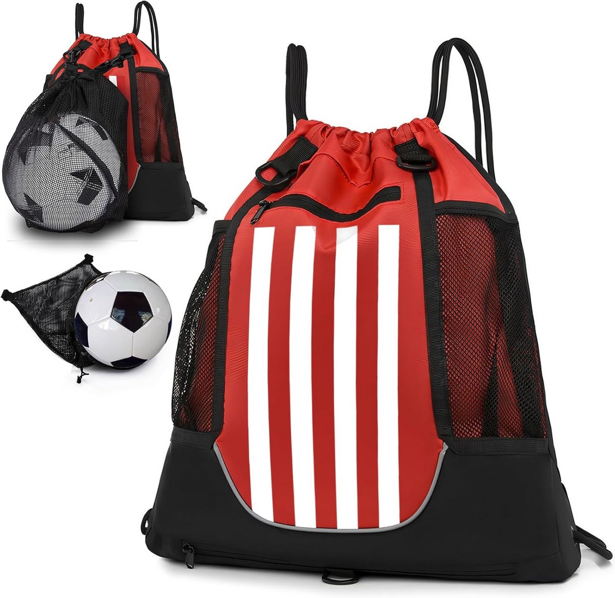 Omvouwbare sportrugzak met afneembare netbaltas - rood wit gestreept