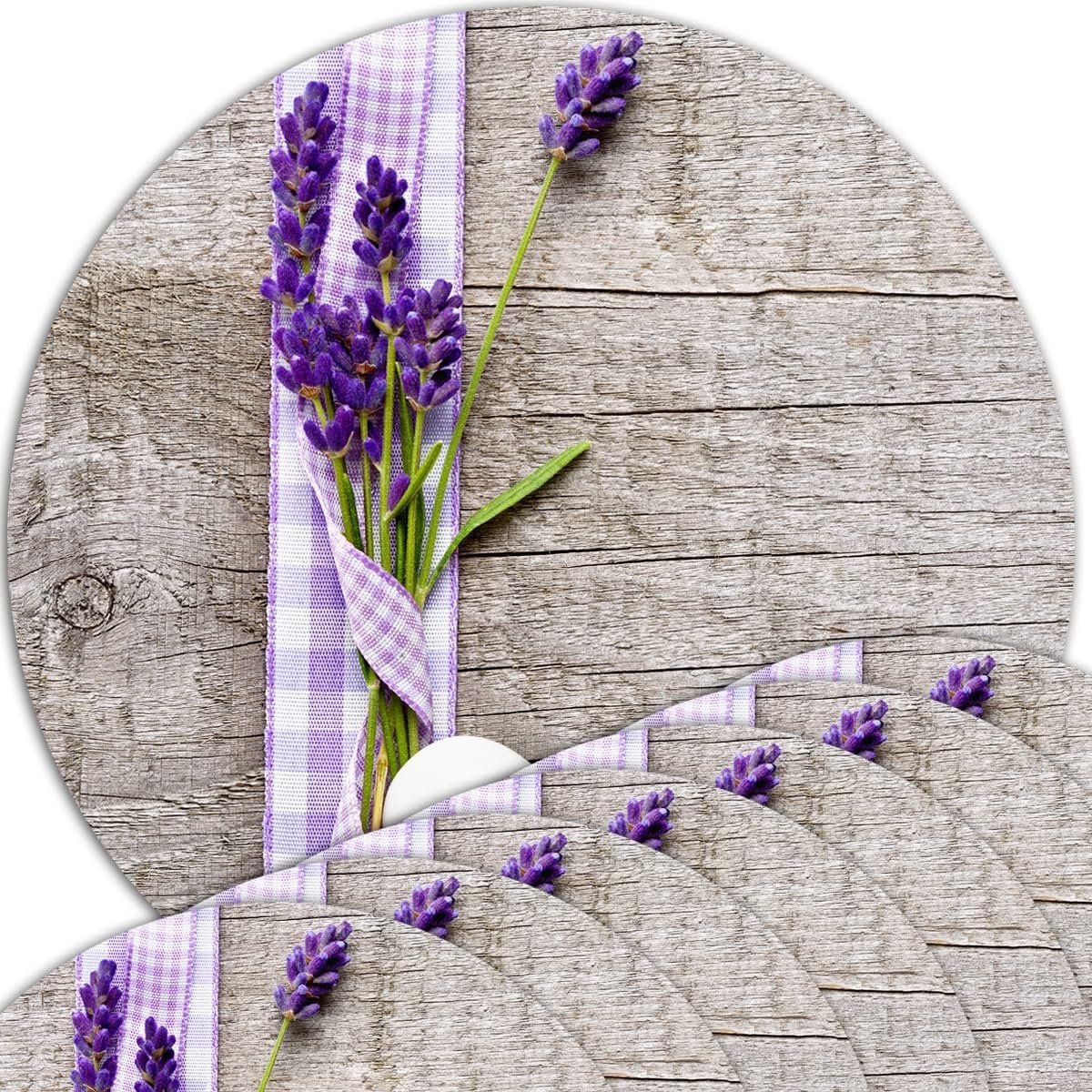 Lavendel Placemats Set van 8 – Rond Ø 38 cm – Afwasbare Kunststof op Houtdesign