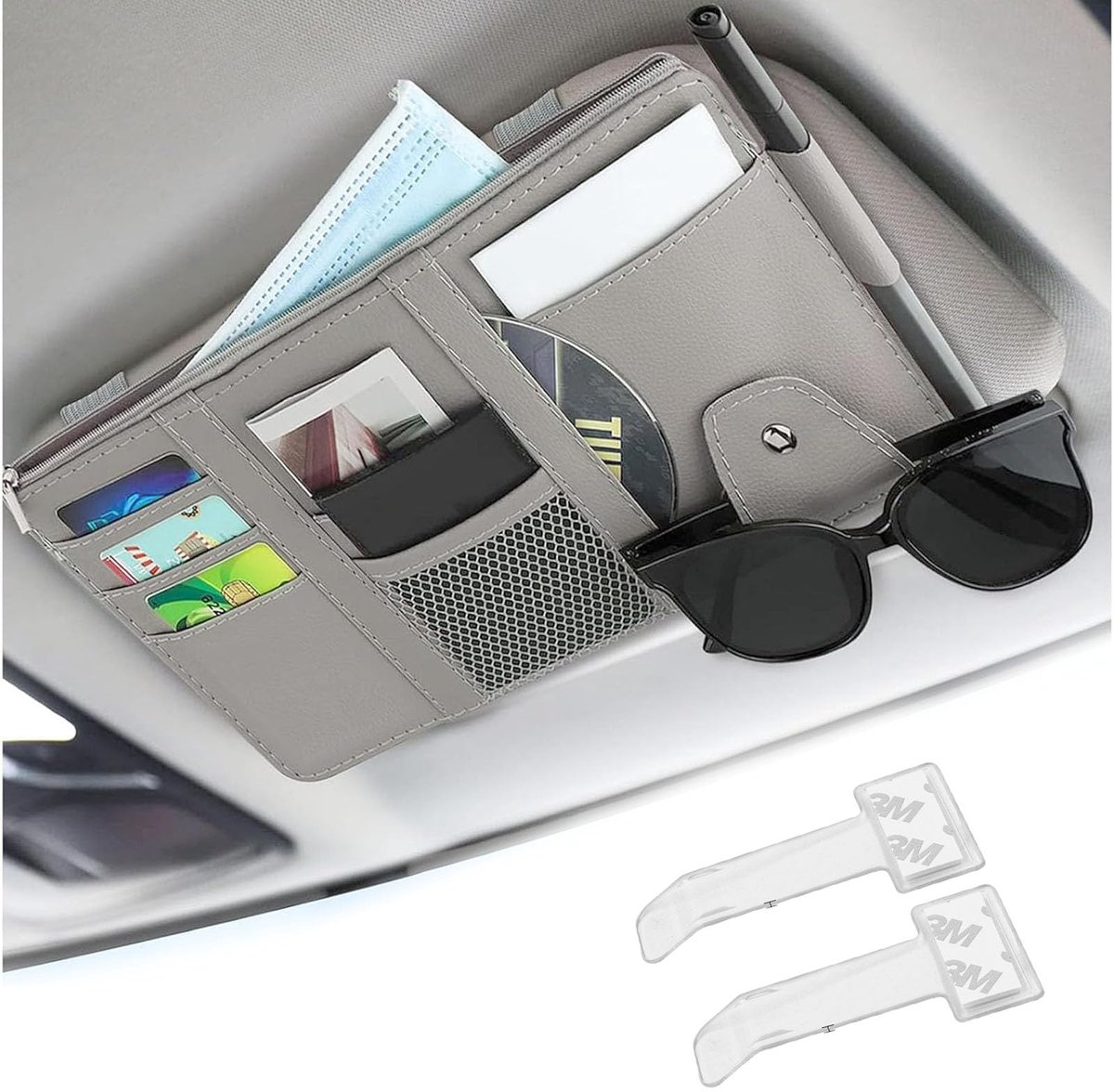 IMPERATORIS® Zonneklep Organizer Auto - Opberghoes voor Pasjes, Bril en Pennen - Bevestiging aan Zonneklep - Universeel - Grijs
