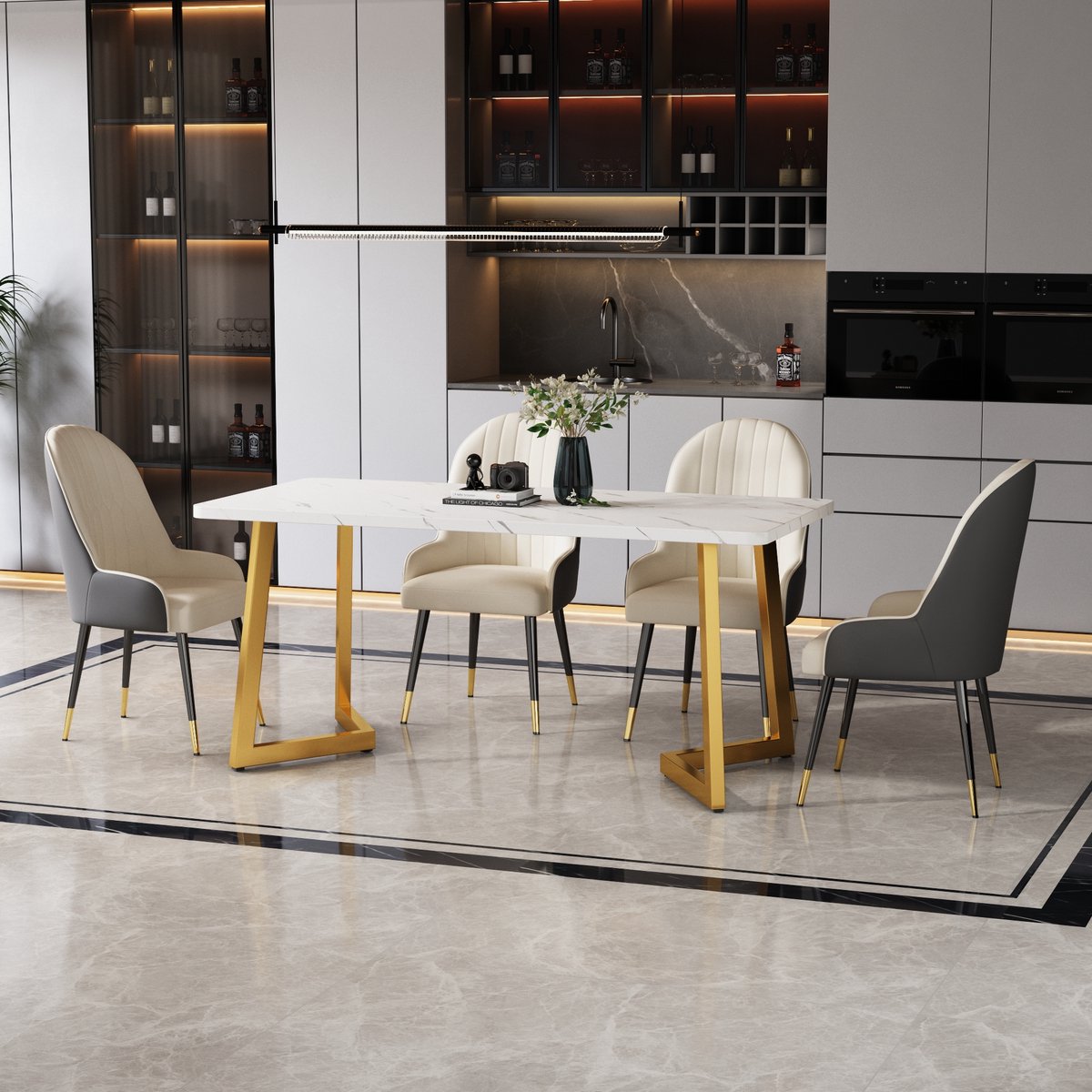 OKWISH Eettafel – Marmerlook – 117×68×75 Cm – MDF Tafelblad – Gouden Metalen Poten – Voor Eetkamer En Woonkamer – Wit+Goud – Draagkracht 50 Kg