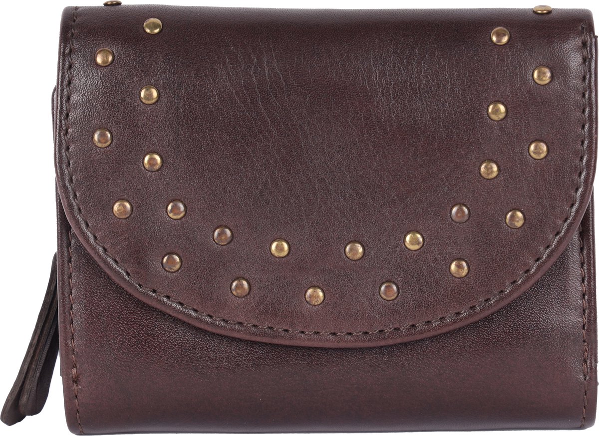 Boho Trifold Portemonnee van Echt Italiaans Leer met Studs en Dubbele Klepsluiting – Dames Portefeuille met Ritsvak voor Munten & Creditcardhouder