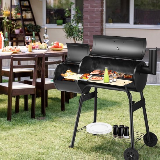 ISOISL Houtskoolbarbecue Met Deksel - Verstelbare Kolenhouder - 61x45,5 Cm Rooster - Met Wielen, Thermometer En Zijtafels - XXL Rookoven