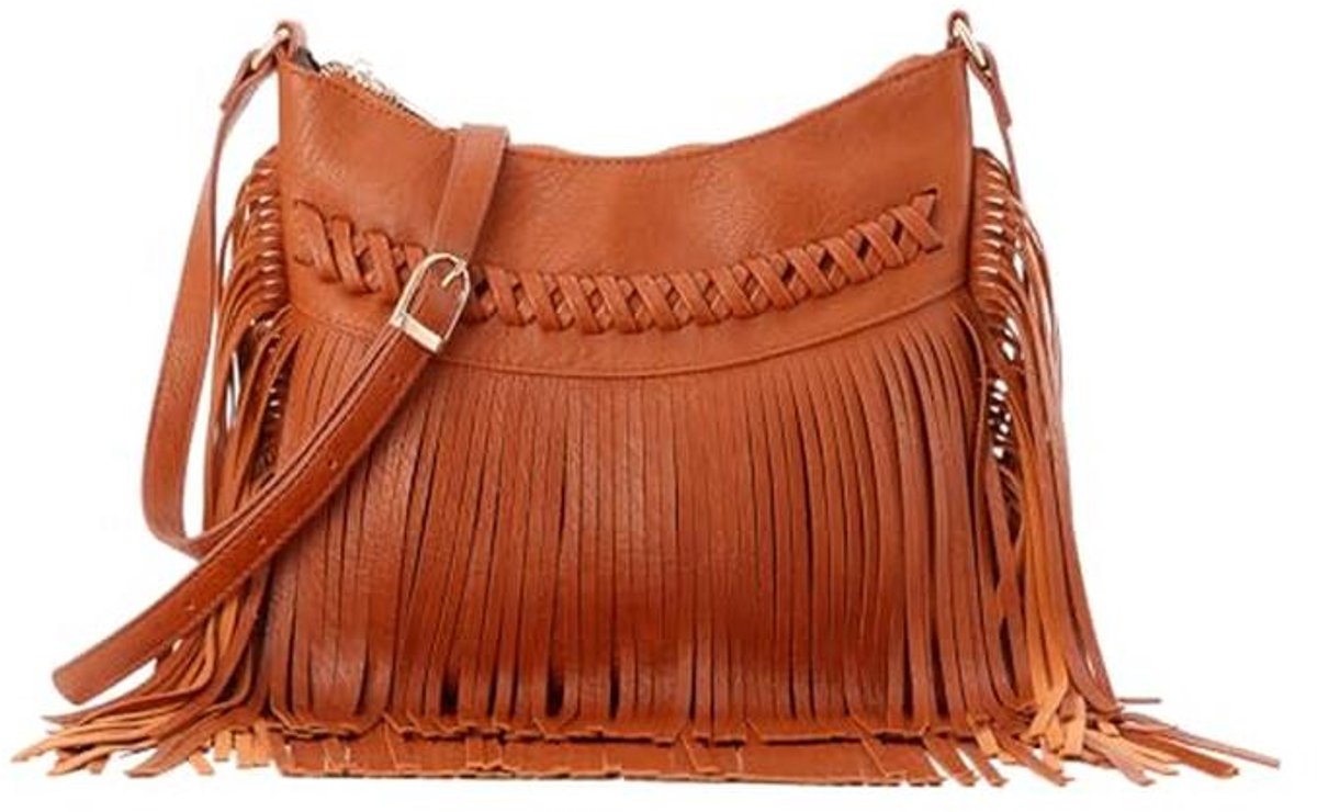 Hobo Fringe Tas voor Dames - PU Leer met Fransen - Schoudertas in Bruin