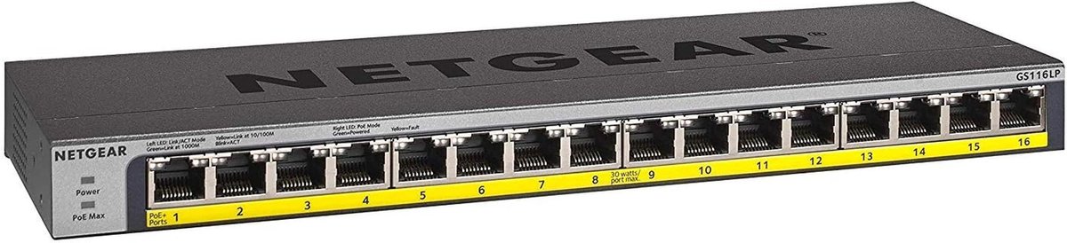 16-poorts Gigabit Ethernet LAN Switch met PoE+ 76W - Desktop of Rackmount