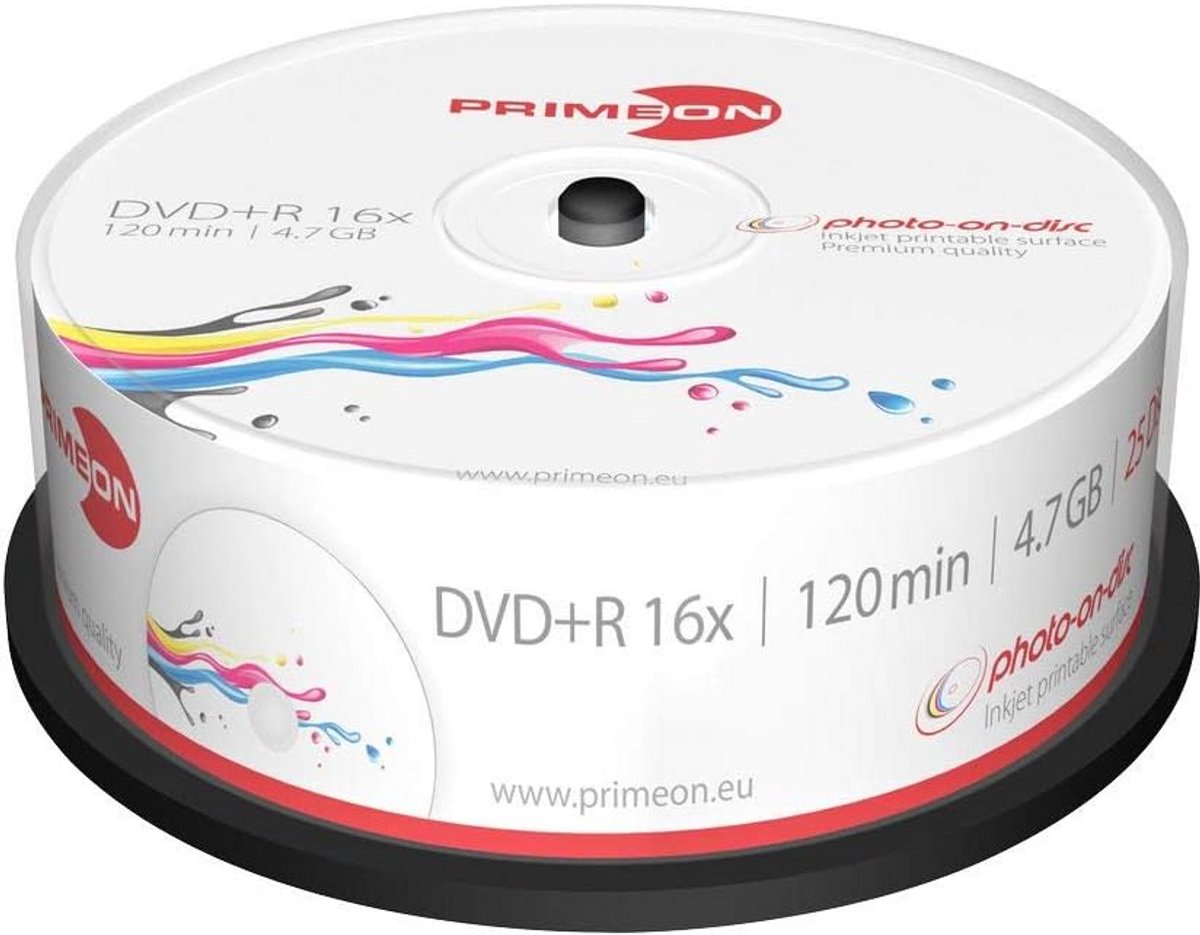 DVD+R 4.7GB 16x - Cakebox met 25 Schijven - Volledige Inkjet Printbare Oppervlak