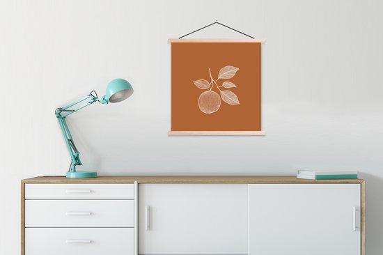 Posterhanger incl. Poster 60x60 cm - Schoolplaat - Sinaasappel - Getekend - Bladeren - Bruin - Textielposter - Blanke latten