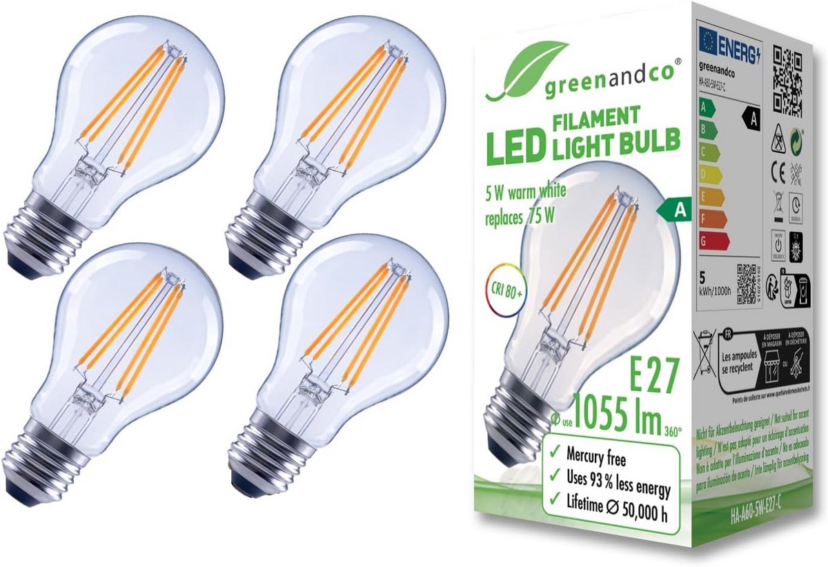 4 x Filament LED Lamp E27 A60 - 5W 1055lm - Vervangt 75W - 2700K Warm Wit - Energielabel A
