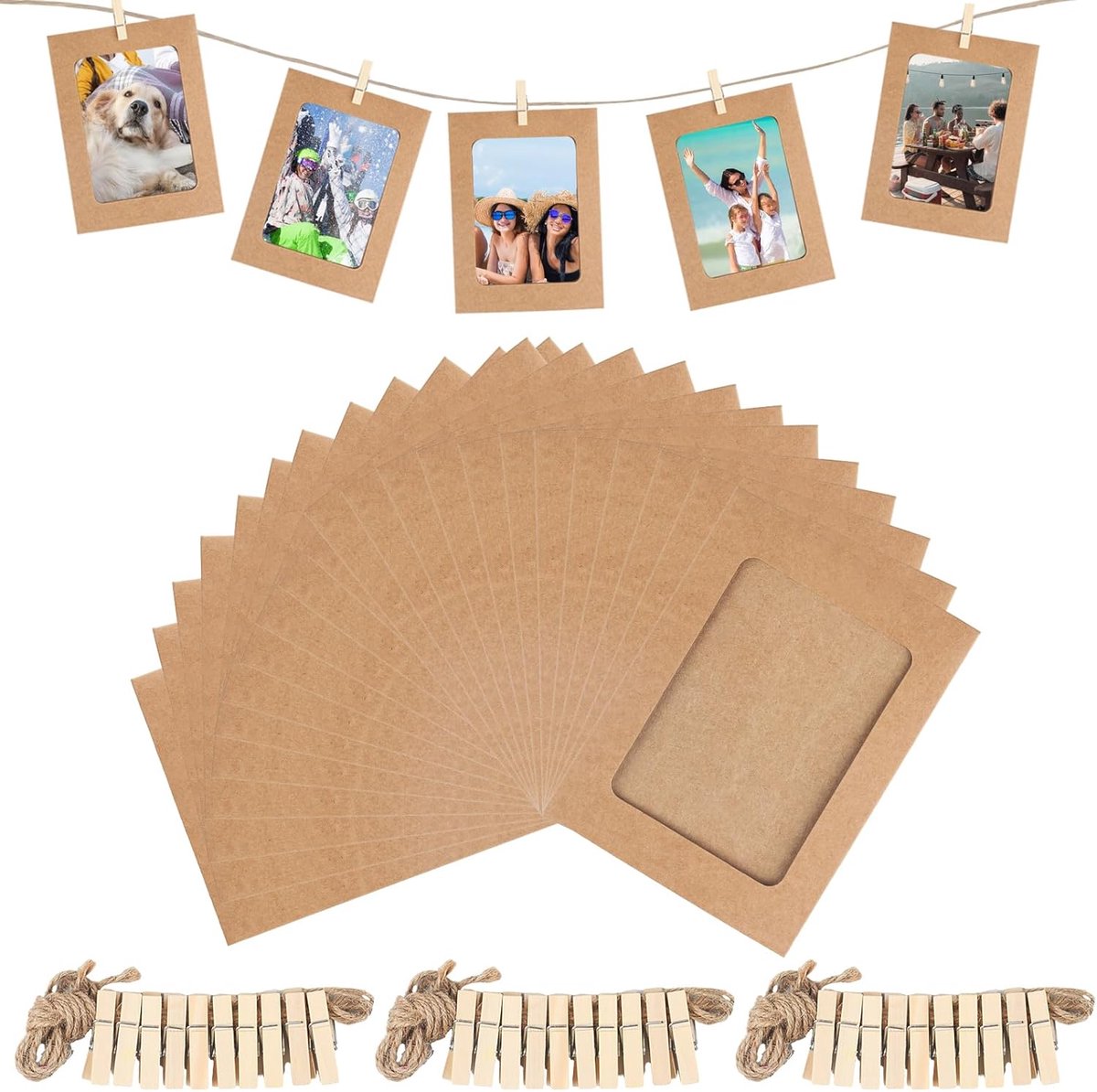 Famanu 30 Stuks Kraft papieren fotolijsten met touw en knijpers, wanddecoratie kraftpapier