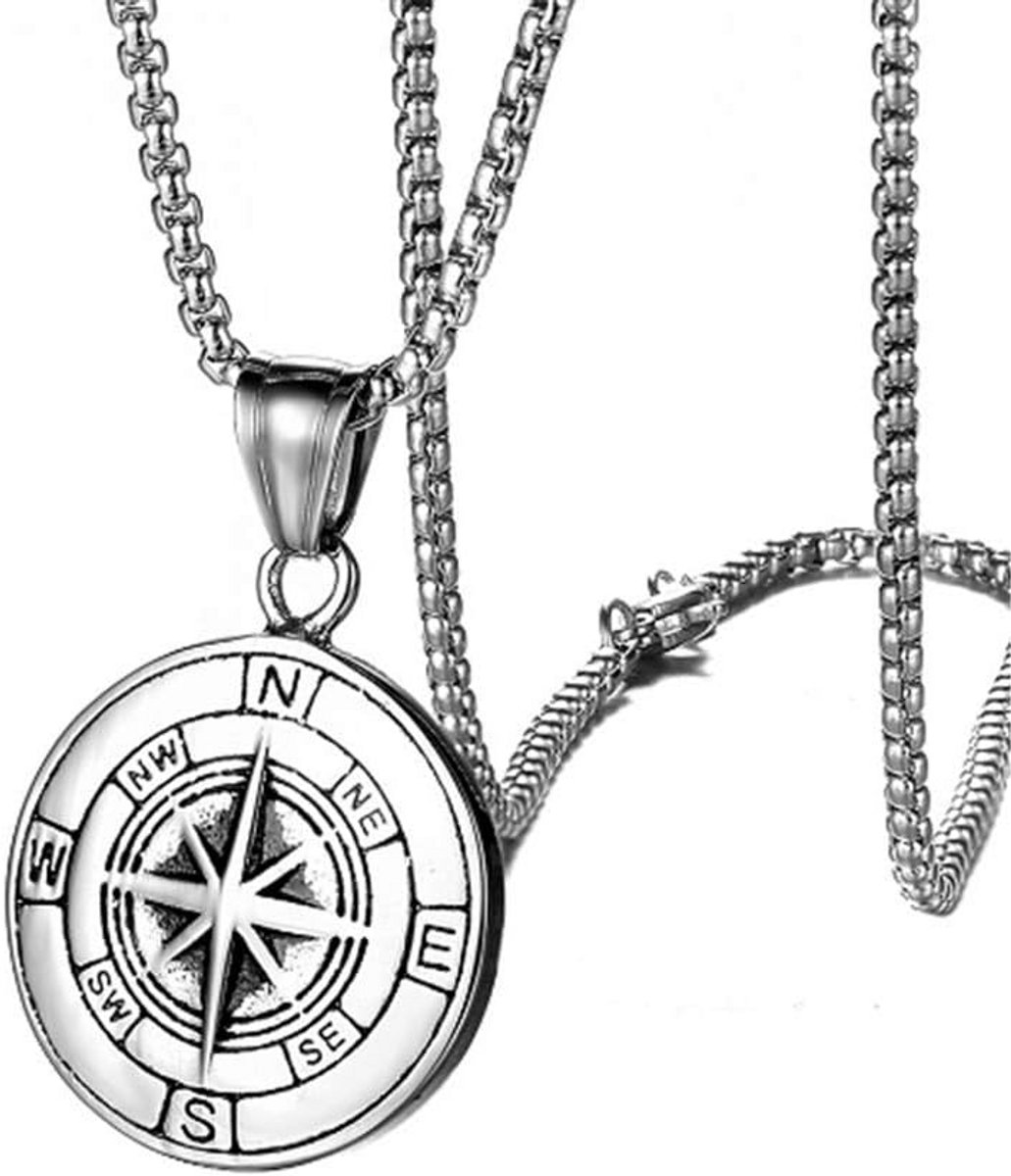 Vintage ronde kompas hanger ketting voor heren van roestvrij staal