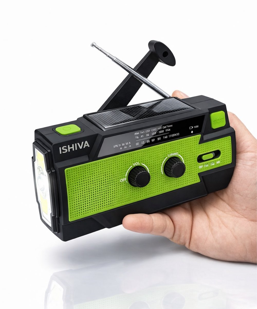 ISHIVA Noodradio - Noodradio Solar Opwindbaar - 4000 mAh - Noodradio Opwindbaar en Batterij - Draagbare Radio - Solar powerbank - Powerbank Zonneenergie - Noodpakket - Zaklamp - AM/FM - SOS - IPX3