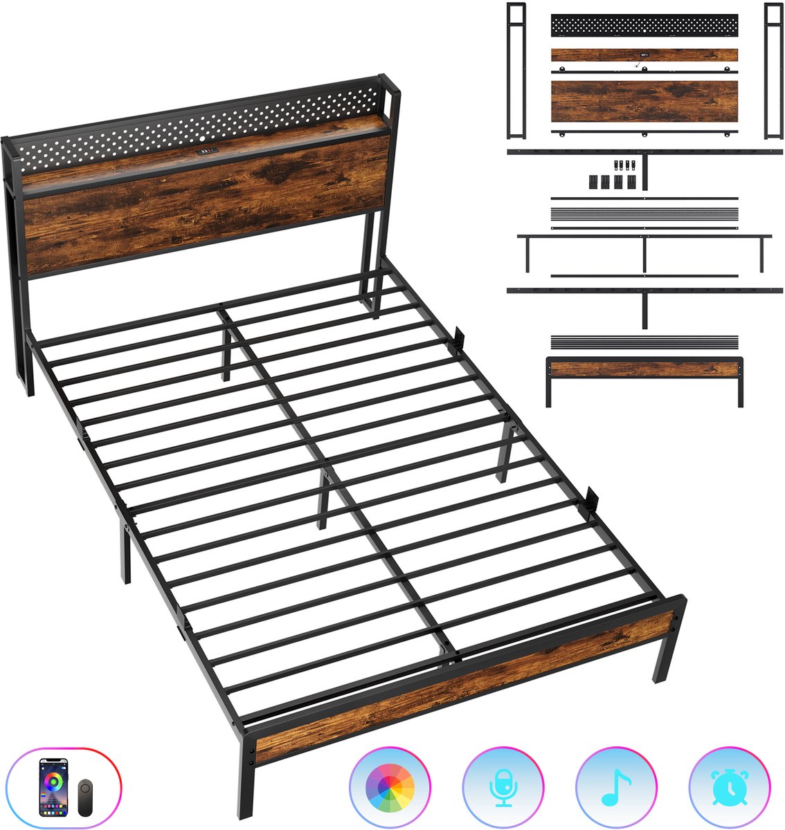 KUTAS Tweepersoonsbed 140x190 cm - Metalen Bedframe Met LED Verlichting En Lattenbodem - Hoofdbord met Opbergruimte - USB Poorten - Type C Zwart