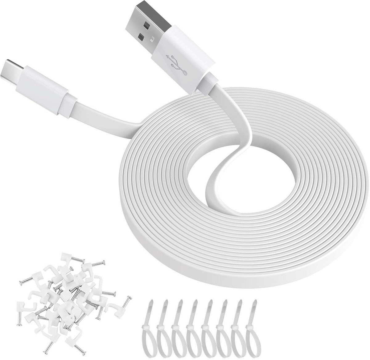 5 meter platte USB-A naar USB-C voedingskabel voor beveiligingscamera's en apparaten