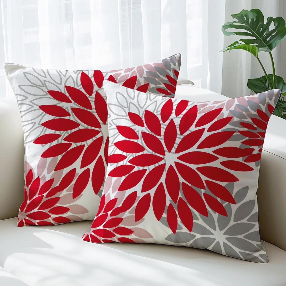 Decoratieve kussensloop 40 x 40 cm met modern dahlia's patroon - Rood en grijs
