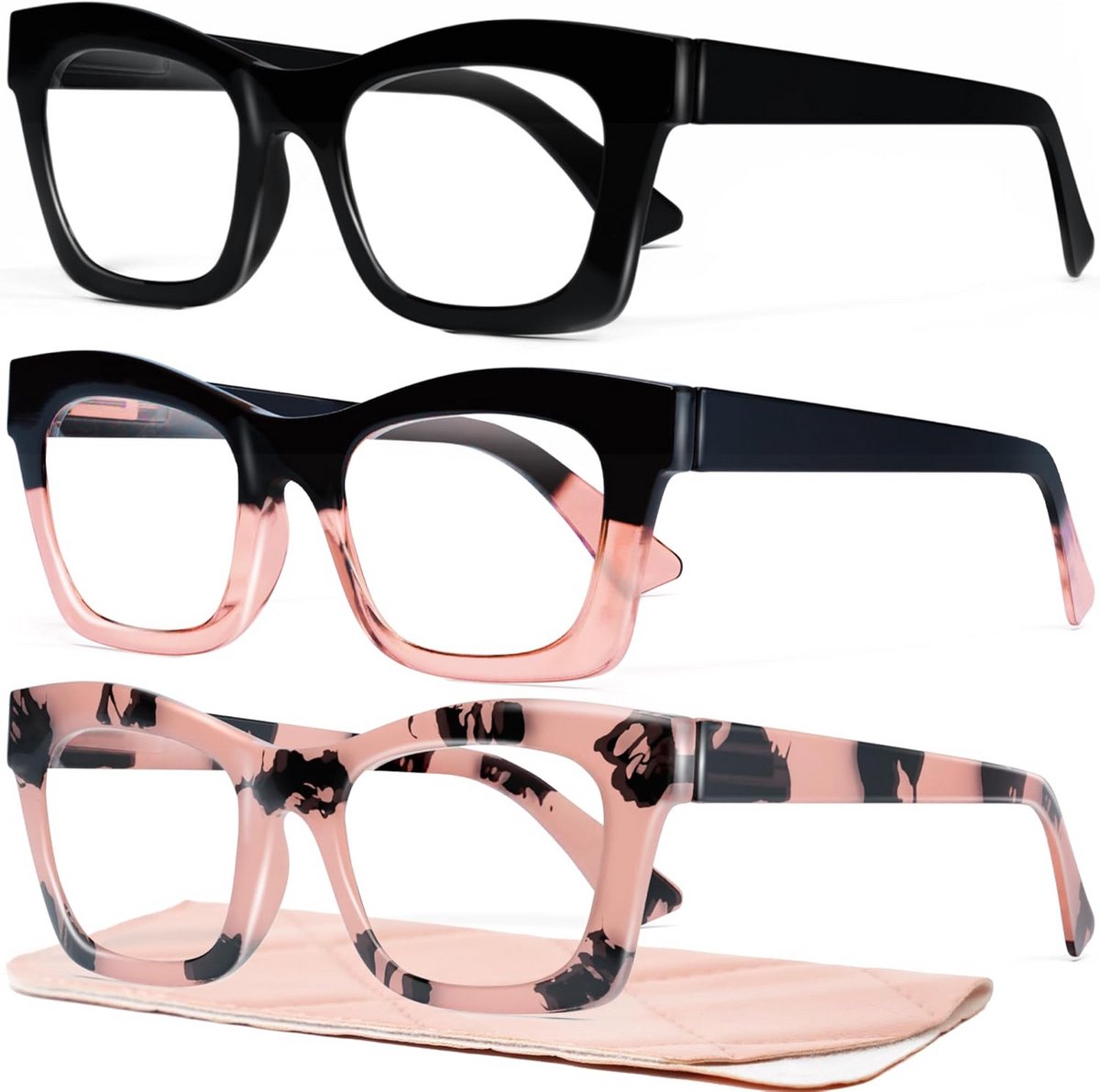 3-Pack Leefstijlen Leesbrillen voor Vrouwen - Blauw Lichtfilter - Vierkante Readers met Veerhinge - 1.75 Sterkte