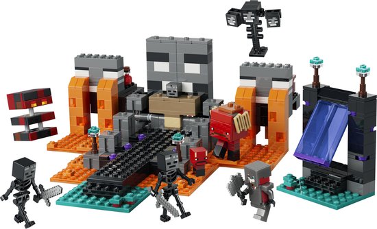Set LEGO Minecraft Wither Battle avec Wither, squelettes, portail et blocs de construction orange et gris.
