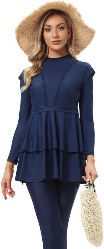 Yming Moslim badpak voor vrouwen, sneldrogende badmode, slimfit, burkini, badpak met lange mouwen, bruin groen, L