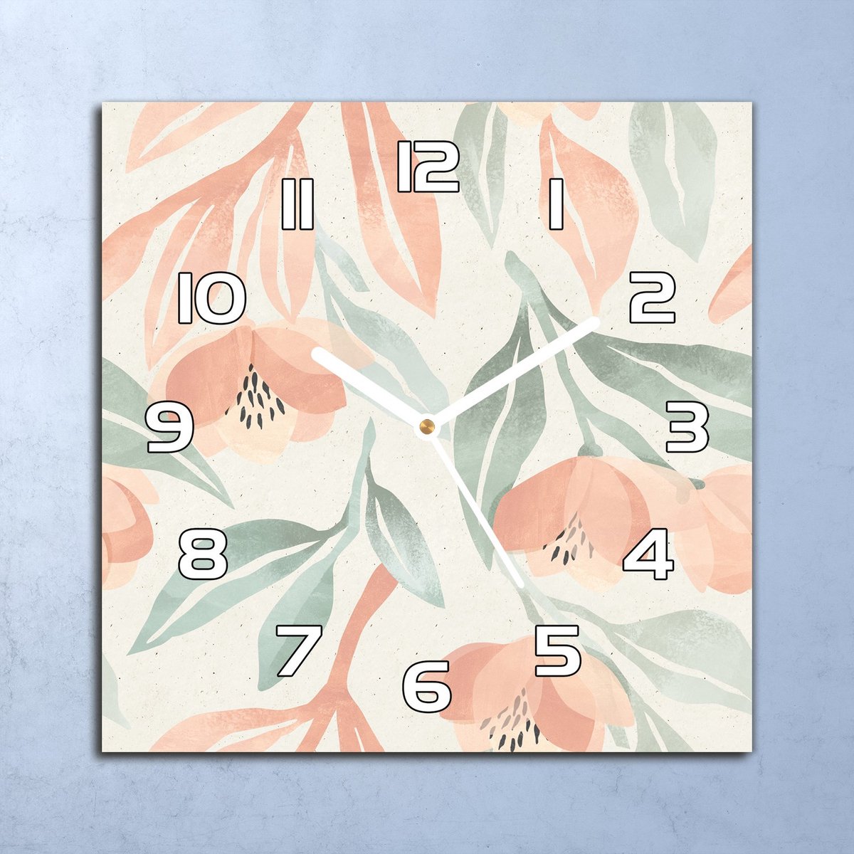 Coloray Wandklok - Pastelkleurige bladeren Glazen Klok - 30x30 cm - Romig Wandklok - Wandklok Vierkant - Wandklok Scandinavisch - Wandklokken Woonkamer - Stille Wandklok