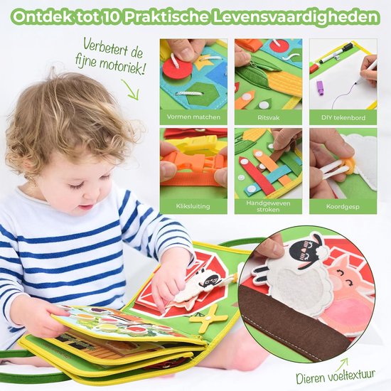 Een kind speelt met een groen Montessori-bord met boerderijdieren. Kleine afbeeldingen tonen 'Vormen matchen', 'Ritsvak', 'DIY tekenbord', 'Kliksluiting', 'Handgeweven stroken', 'Koordgesp'.