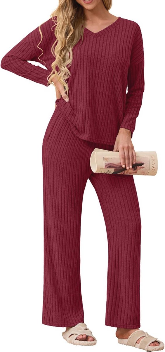 Dames Pyjama en Loungewear Set - 2-Delig, V-Hals, Lange Mouwen en Wijde Pijpen