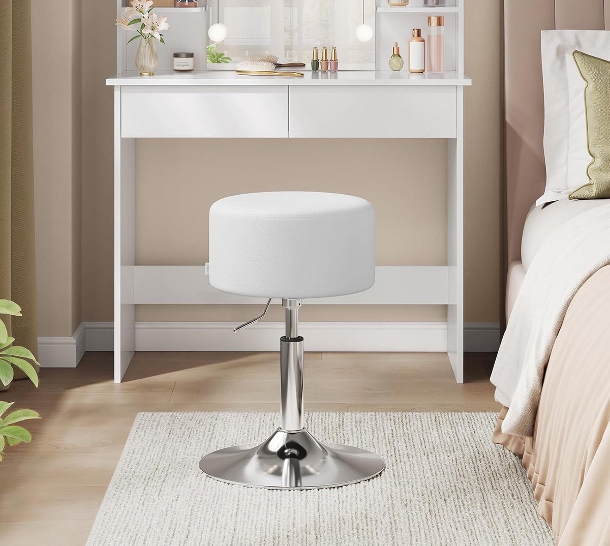 Design Barkruk – Draaibare Kruk met Handgreep, Traploze Hoogteverstelling 54–69 cm, Gevoerde PU Zitting, Verchroomd Stalen Frame, Antislip, Modern Design voor Keuken, Eiland of Make-up – Wit