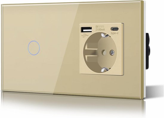 Gouden wandcontactdoos met schakelaar en USB-A- en USB-C-poorten, met de blauwe cirkel die het aanraakgedeelte aangeeft.