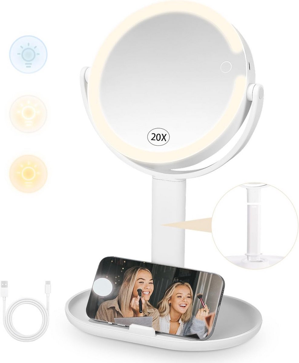 Verlichte make-upspiegel met 1X/20X vergroting en telefoonhouder