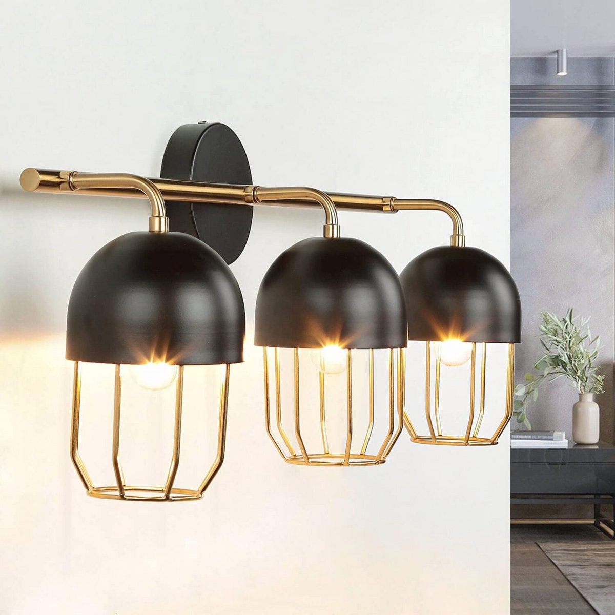 Moderne Wandlamp met 3 E14 Lichthouders in Zwart Goud voor Binnen