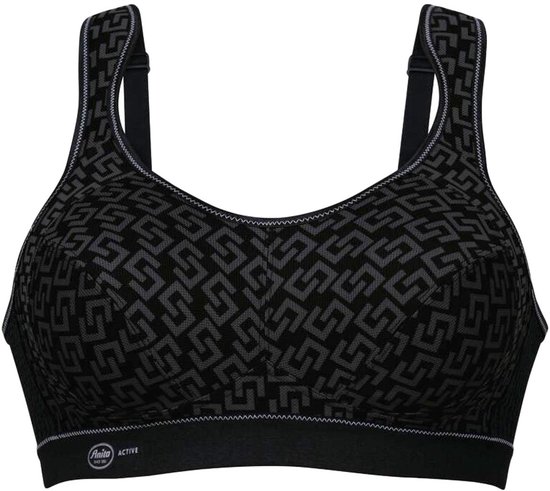 Zwarte sportbeha met grafische grijze print en verstelbare bandjes. Zwarte band met "Anita ACTIVE" logo.