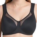 Zwarte beugelvrije BH met mesh inzetstukken op de cups en verstelbare bandjes.