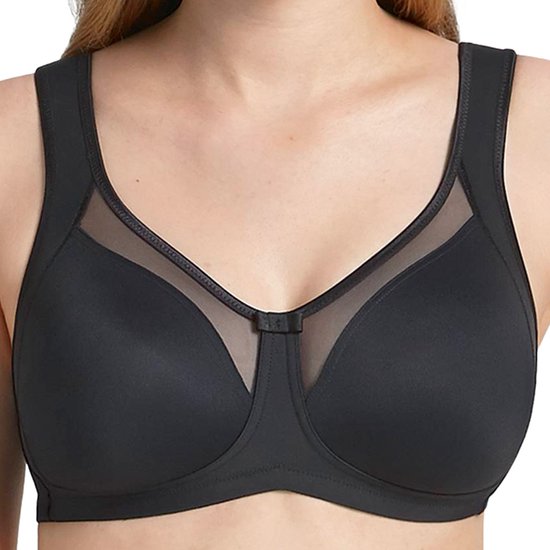 Zwarte beugelvrije BH met mesh inzetstukken op de cups en verstelbare bandjes.