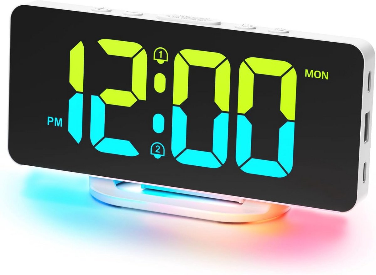 Digitale Wekker met RGB Display en Oplaadpoorten - Wekker met 2 Alarmen en 3 Alarmschema's voor Kinderen en Tieners
