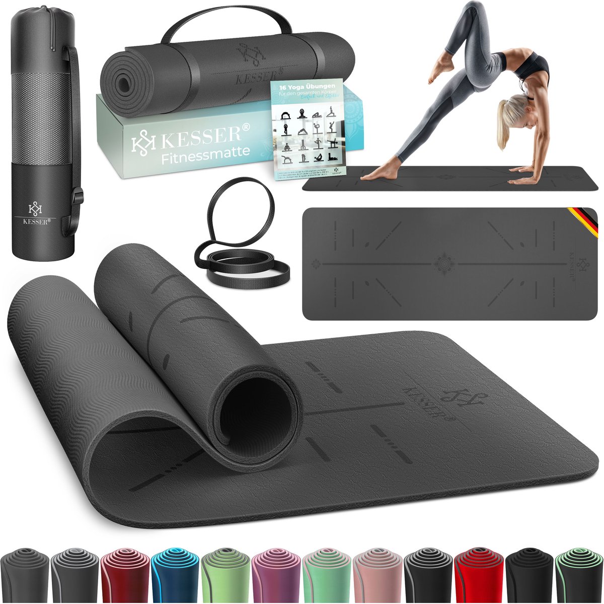 KESSER® Yoga Mat Extra Dik 183x61cm - Turnmat TPE Fitnessmat Gewatteerd & Antislip Yogamat Trainingsmat voor Fitness Pilates & Gymnastiek - Antraciet