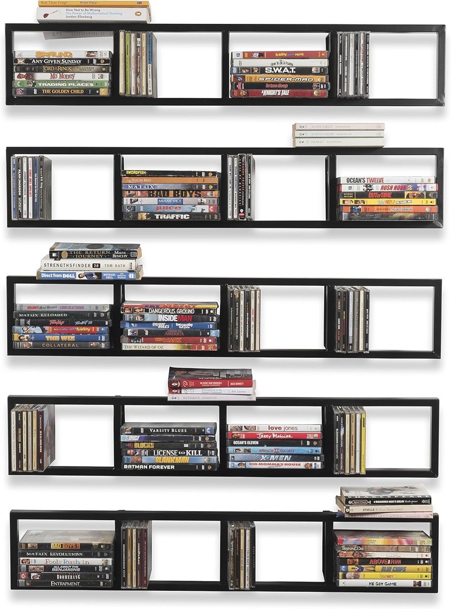 Muurbevestiging 34 Inch Media Opslag Rack CD DVD Organizer Metalen Plank Set van 5 Zwart